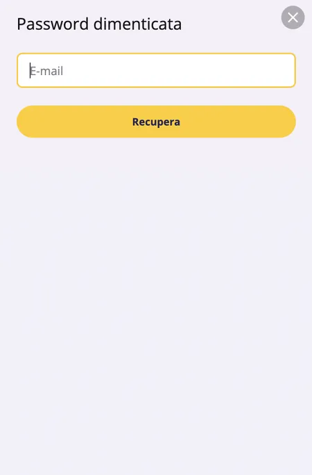 Schermata recupero password con campo email e pulsante Recupera