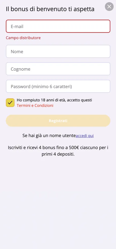 Modulo di registrazione Stellare Casino con campi nome, email e conferma eta